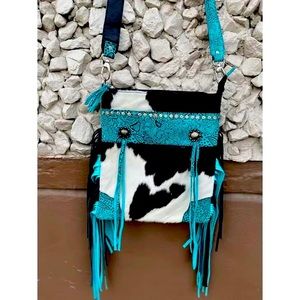 HAND TOOLED GENUINE COWHIDE AND LEATHER CROSS BODY BAG